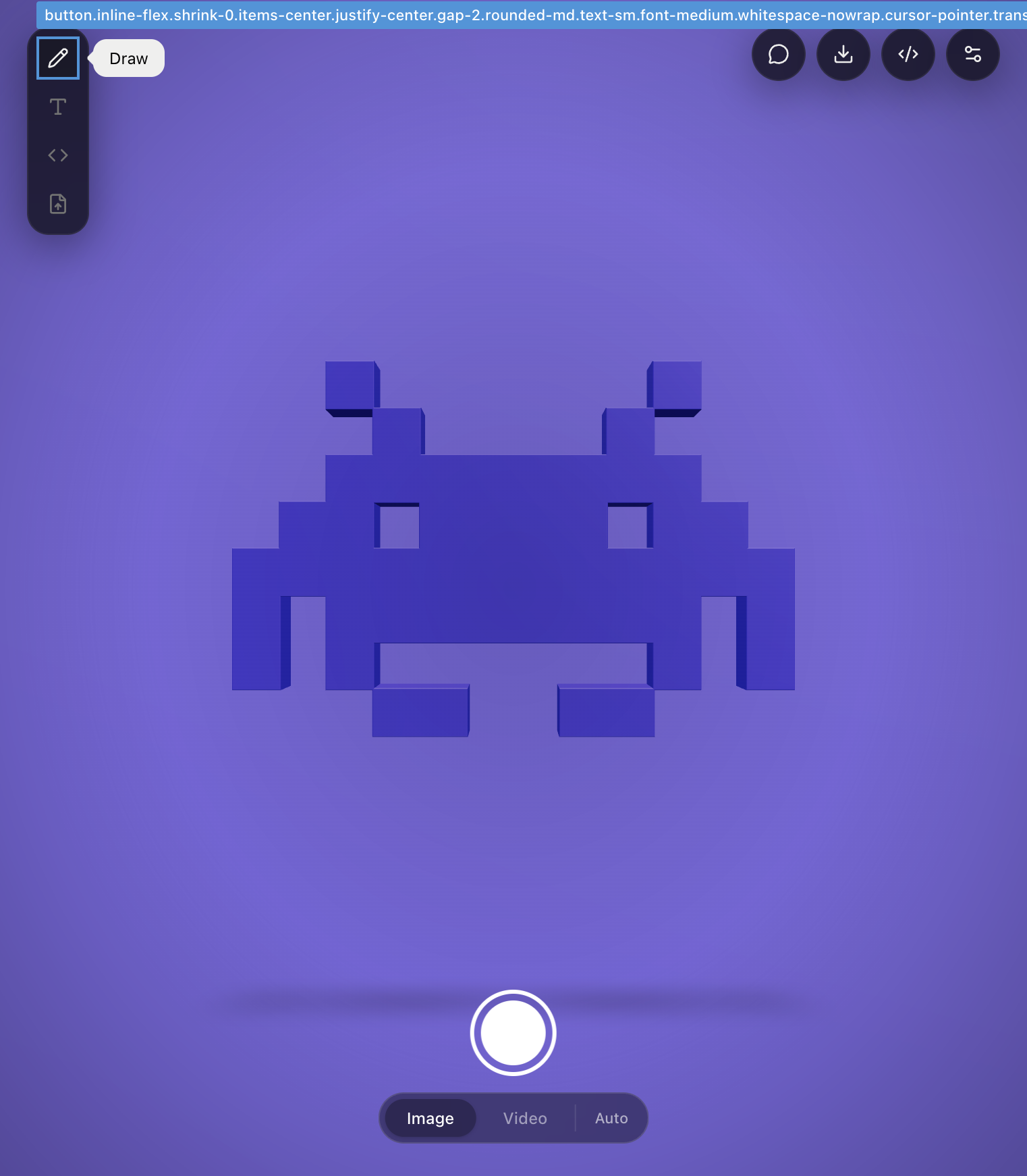 Editor 3dsvg.design con personaje pixel art extruido en 3D violeta y controles de exportación Image/Video