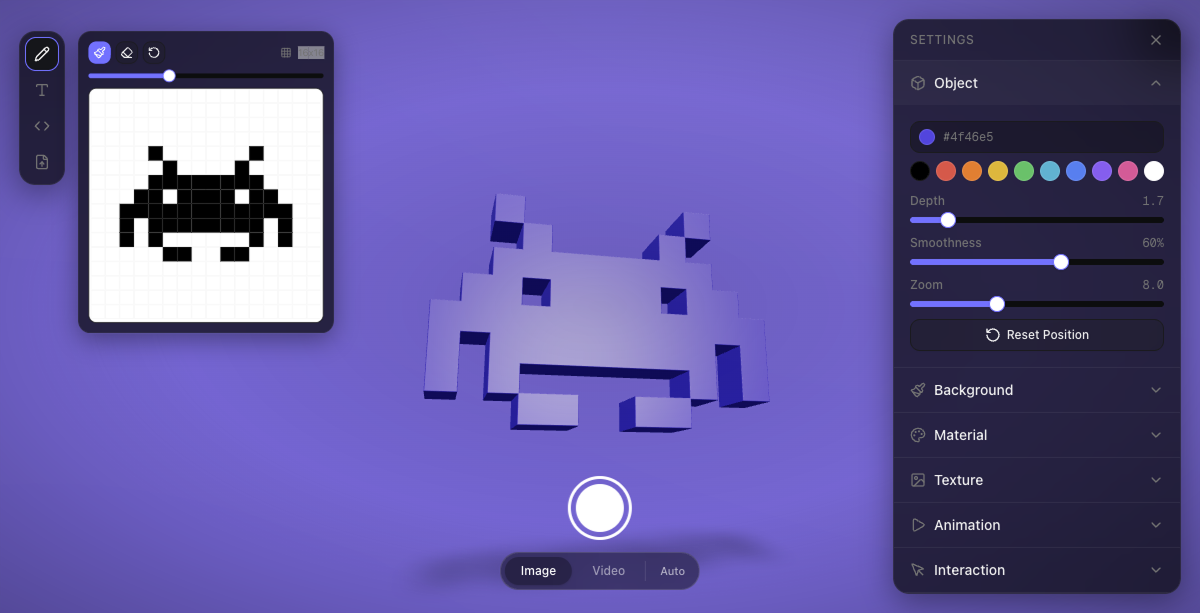 3dsvg — editor web con estrella SVG extruida en 3D con material metálico sobre fondo oscuro