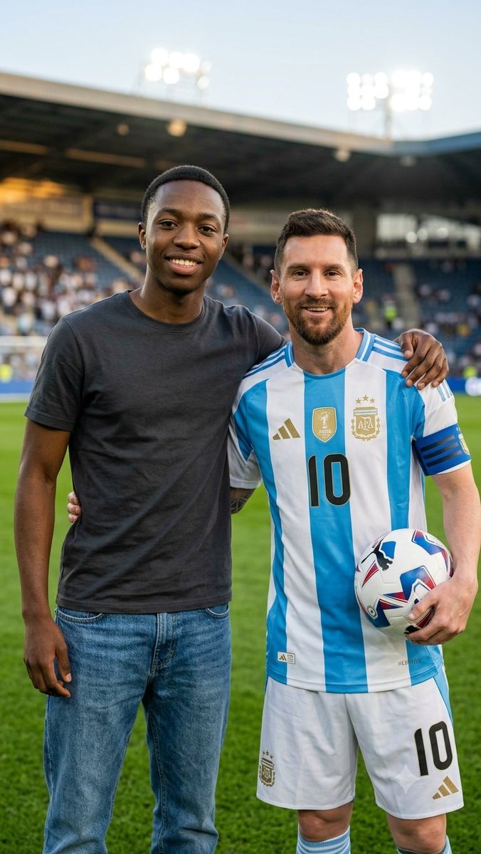 Foto generada con IA: fan junto a Lionel Messi con camiseta argentina 10 en un campo de fútbol