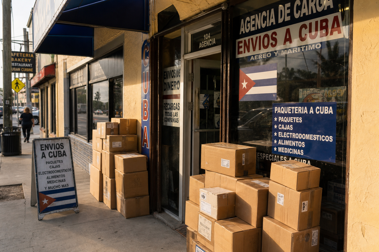 Fachada de una agencia de envíos a Cuba en Hialeah, Miami, con cajas de paquetería preparadas para familiares en la isla
