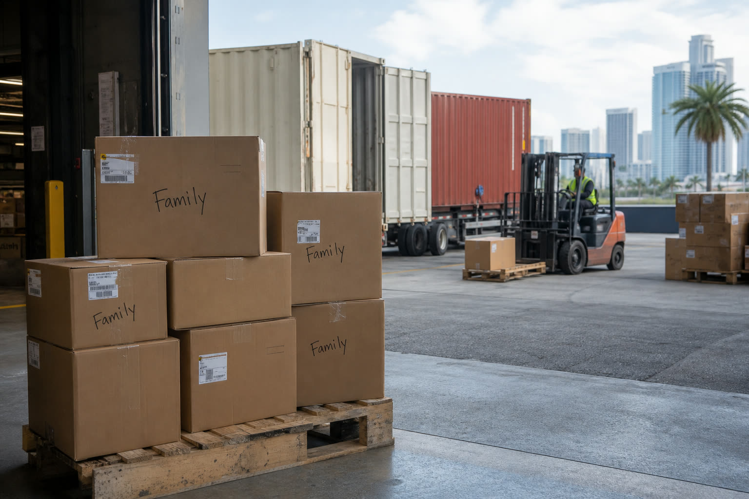 Cajas de paquetería en un almacén logístico de Miami listas para envío marítimo hacia Cuba