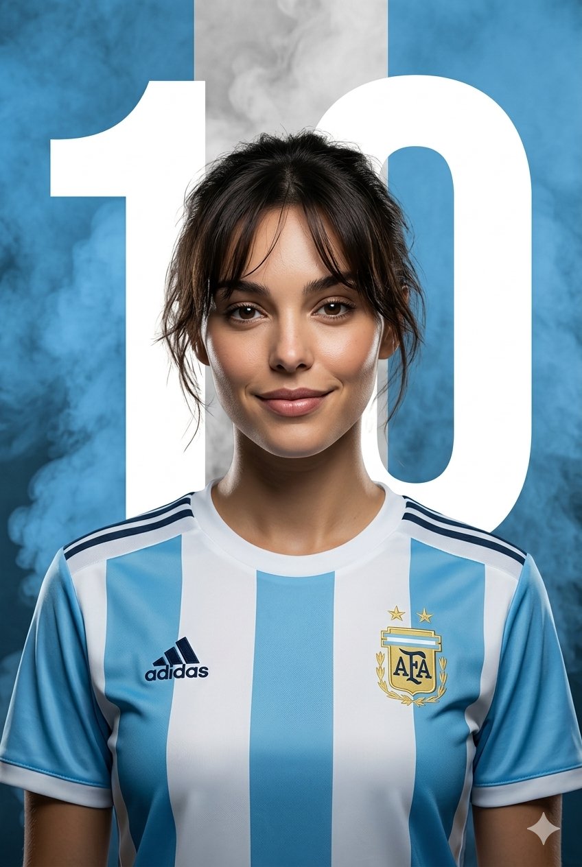 Póster mixed-media generado con Gemini: retrato de jugador argentino con camiseta albiceleste, número 10 y humo en colores de la bandera