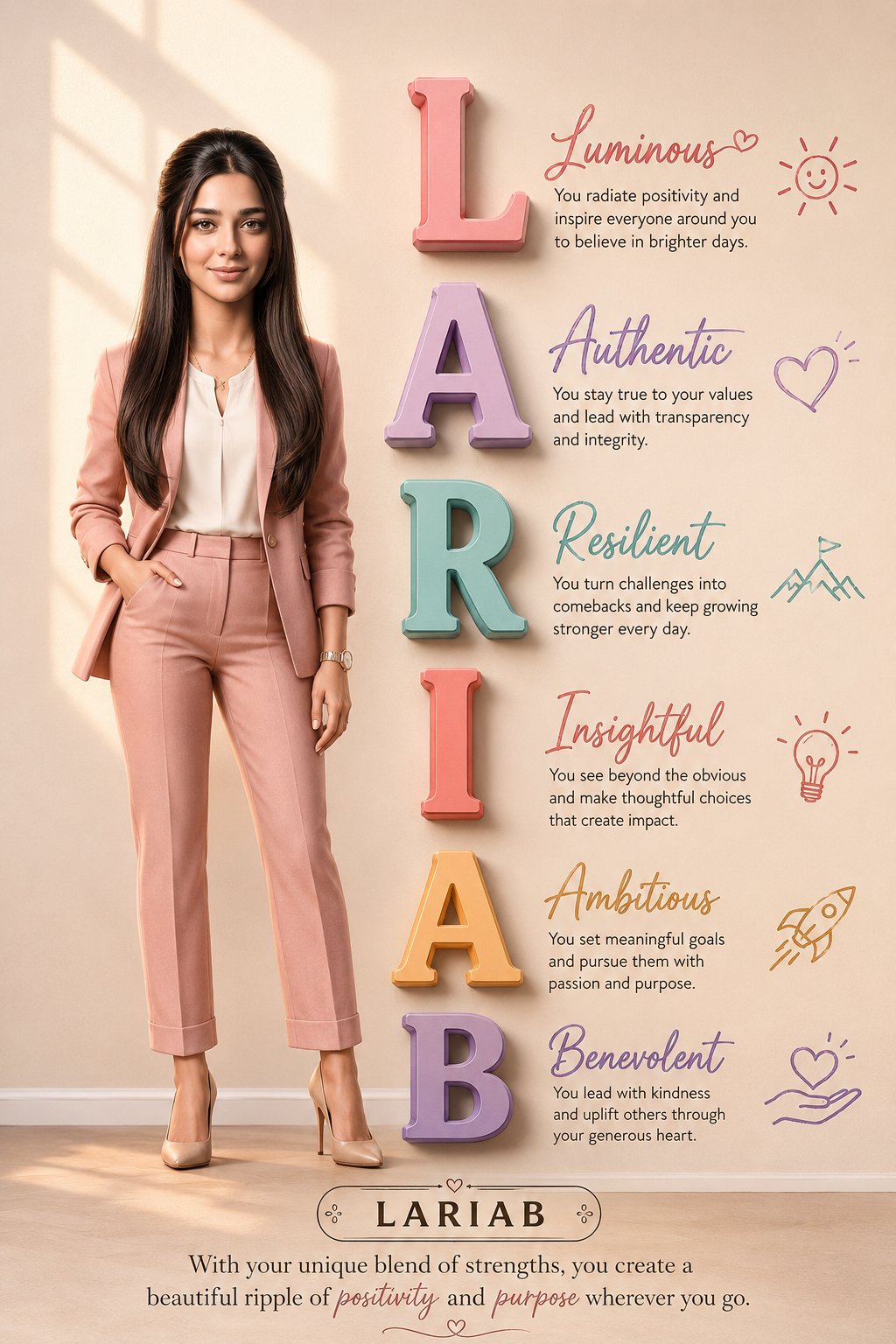 Póster branding personal GPT Image 2: acrónimo por letras del nombre con personaje 3D estilo Pixar