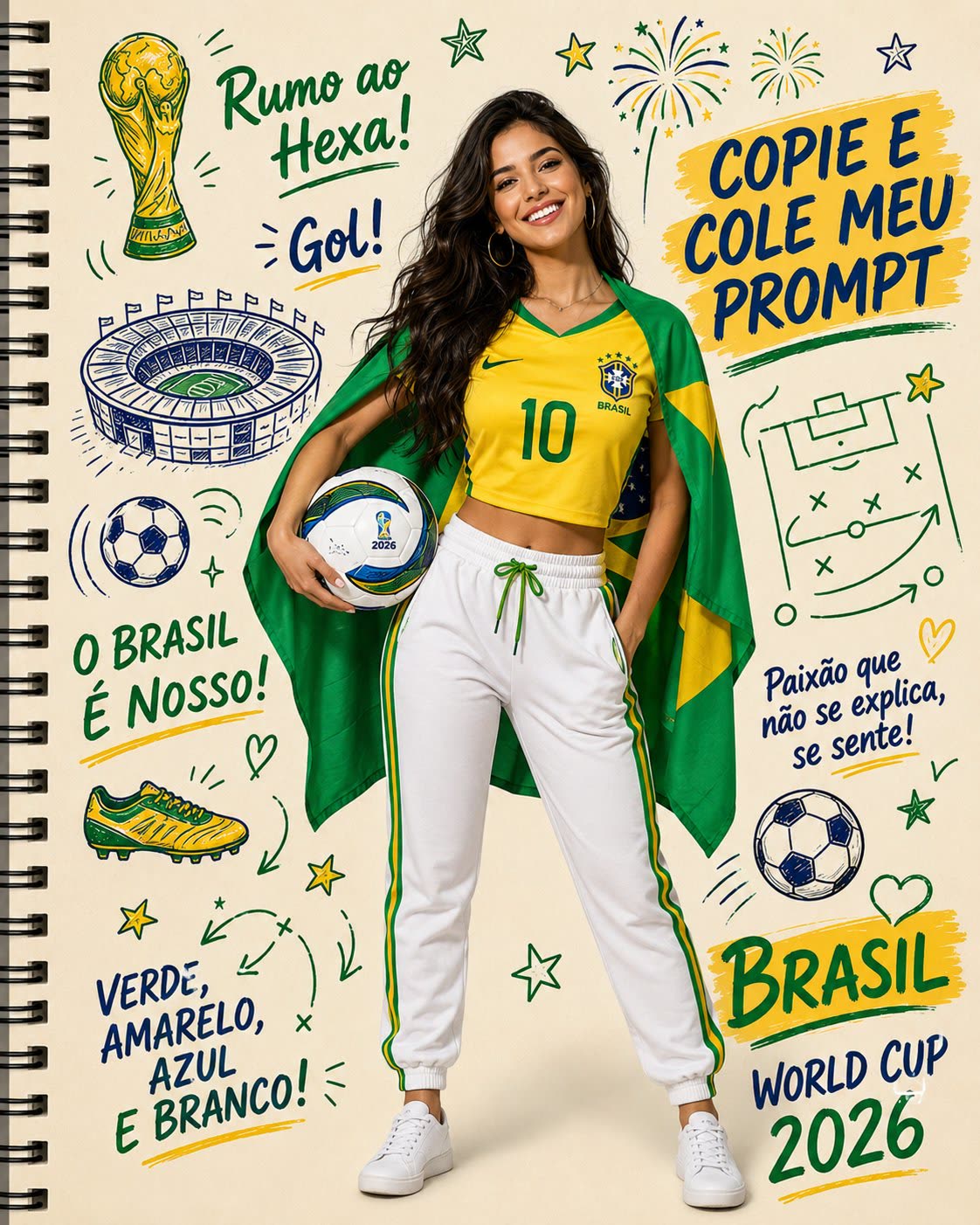 Póster GPT Image 2 de @AIwithSynthia: cuaderno espiral estilo doodle con mujer brasileña con camiseta 10, bandera al hombro y tipografía «Rumo ao Hexa!» para el Mundial 2026