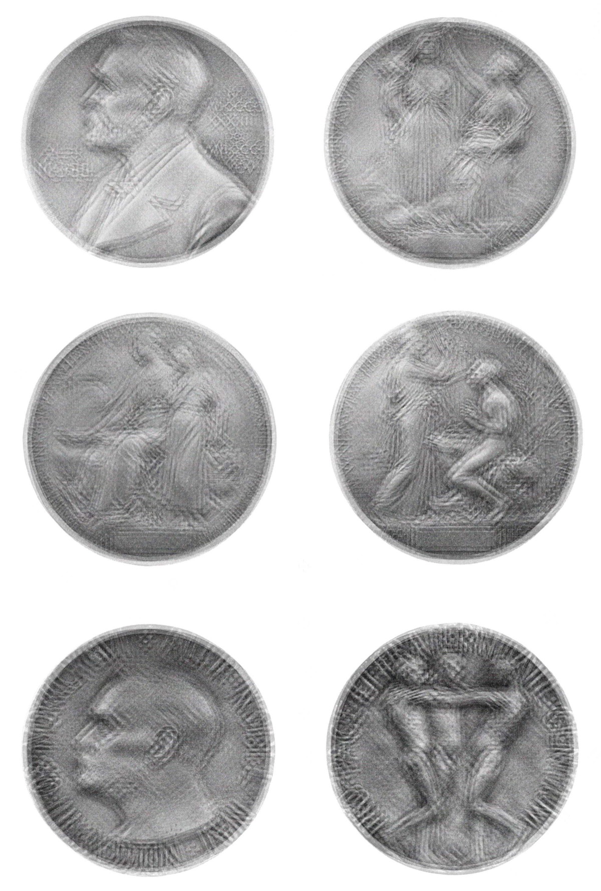 Ilustración histórica (1907) de las medallas de los Premios Nobel en Física, Química, Medicina, Literatura y Paz