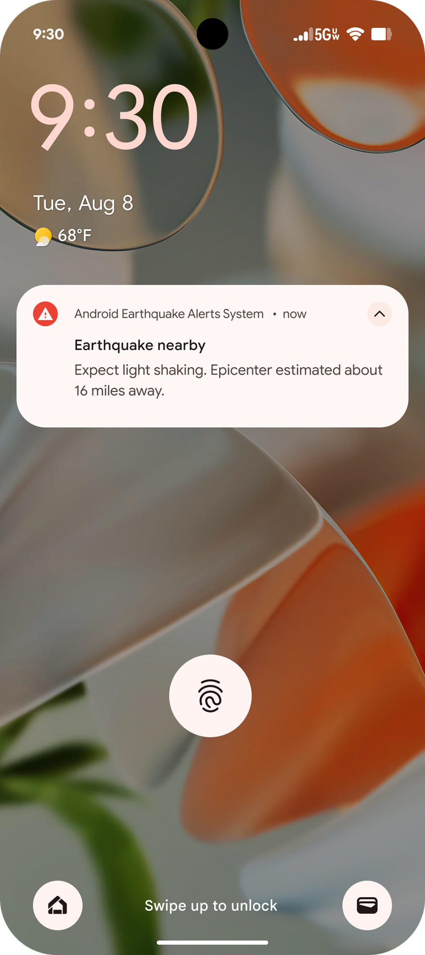 Captura de la alerta de peligro (temblor débil o leve) del sistema de alertas de terremoto de Android