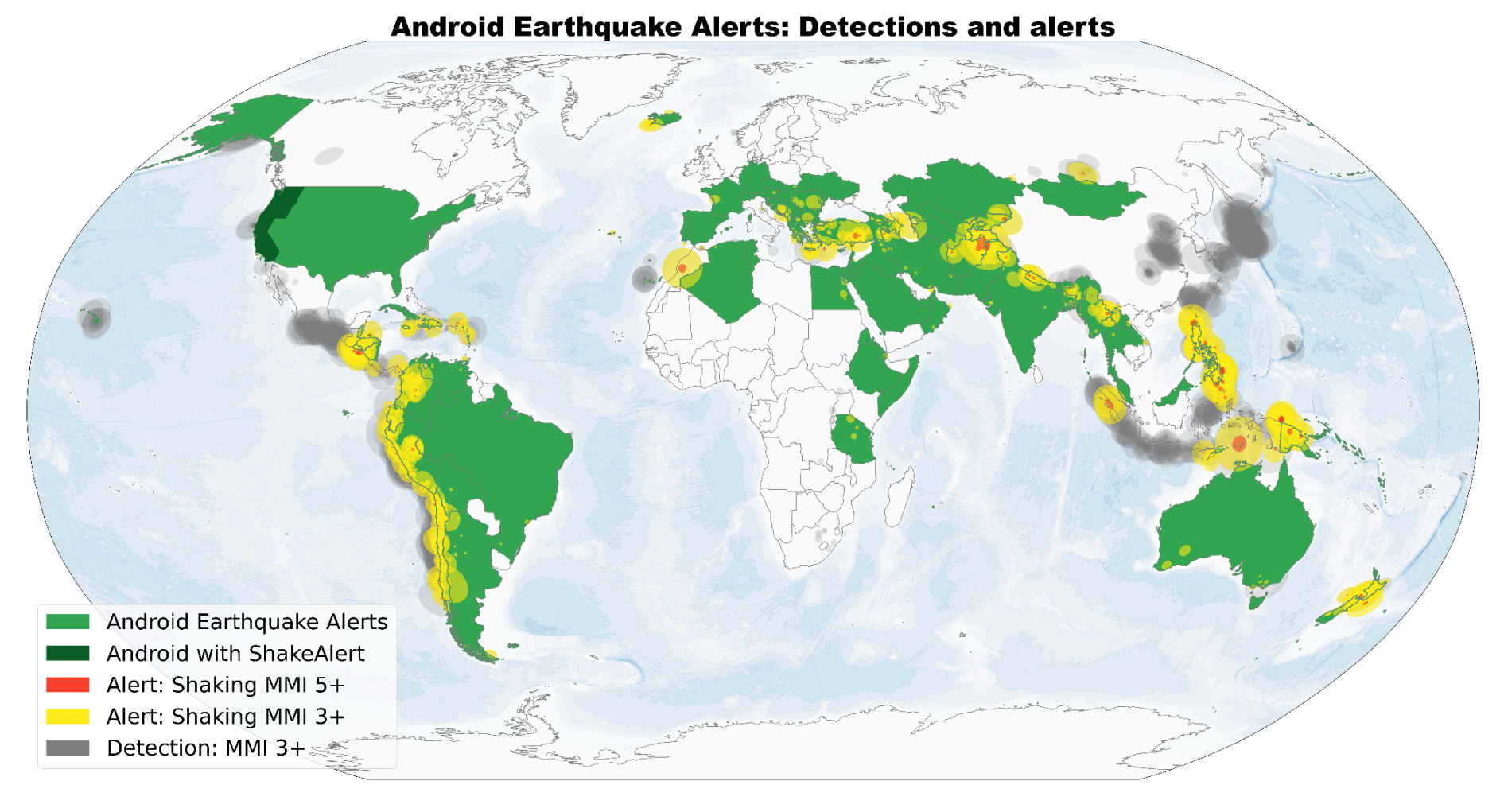 Mapa global del sistema Android Earthquake Alerts: países con detección activa y zonas alertadas en terremotos recientes