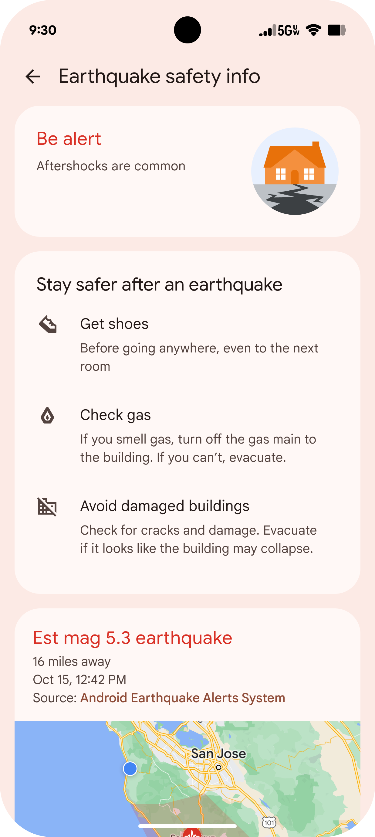 Pantalla de información de seguridad en Android tras una alerta sísmica: agacharse, cubrirse, agarrarse y comprobar gas