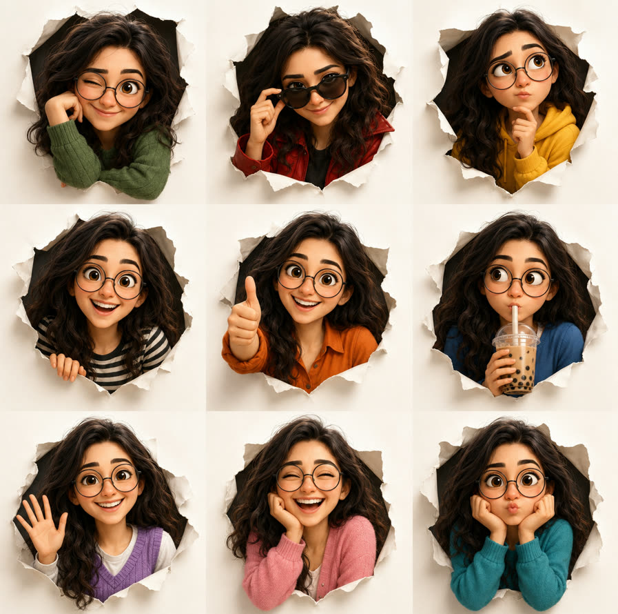 3×3 3D expression sheet by @Anishaa_writes with torn paper circles