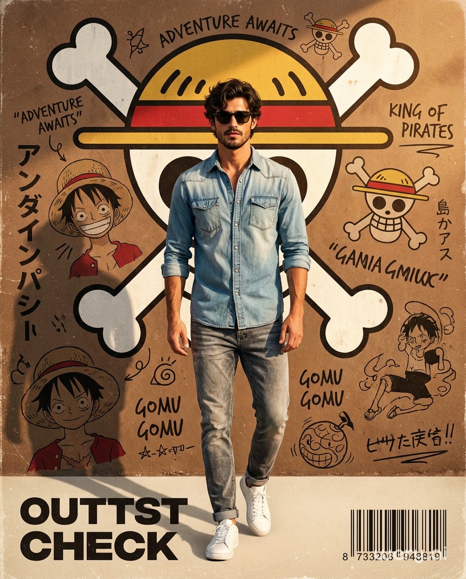 Póster anime-fashion Wery.ai: modelo streetwear con mural graffiti One Piece y tipografía editorial