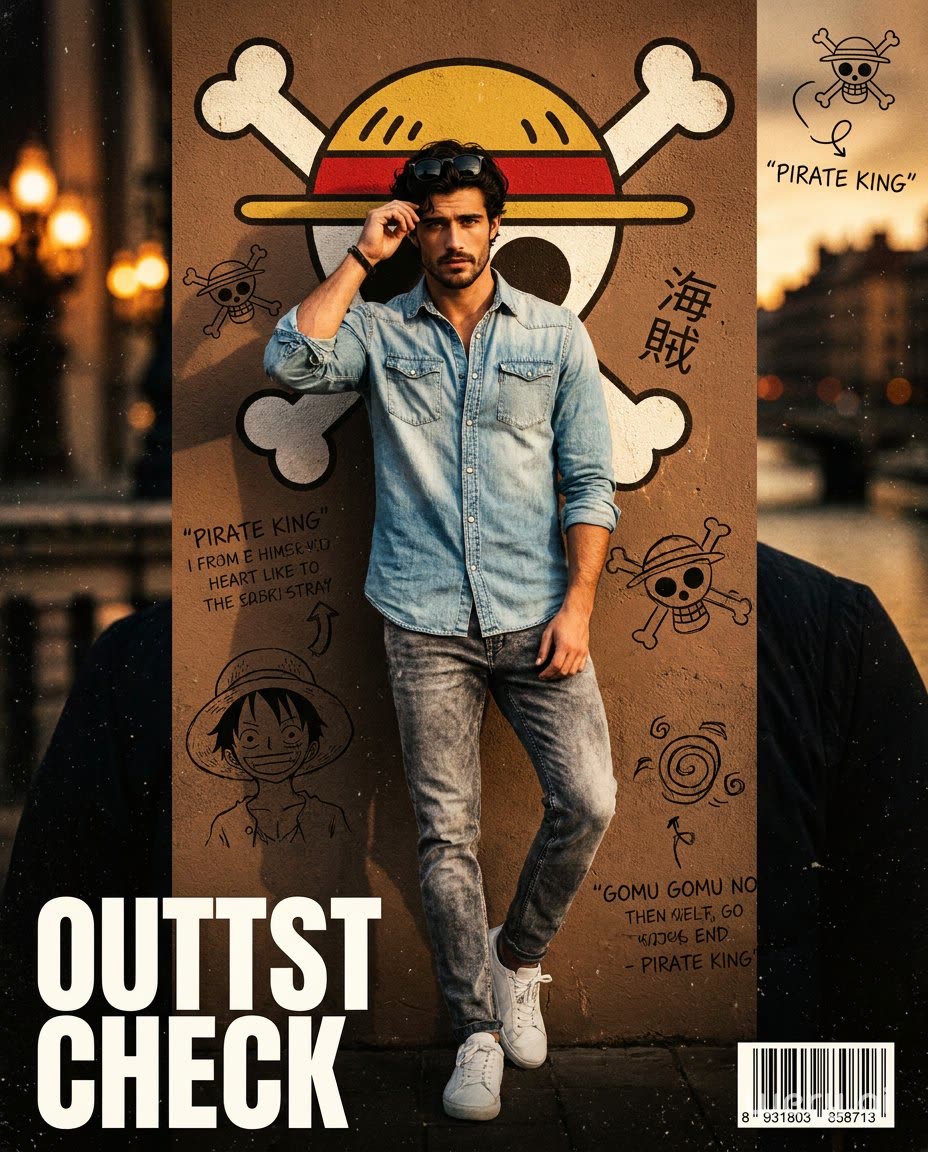 Segunda variante: modelo apoyado en pared con collage One Piece y tipografía OUTFIT CHECK