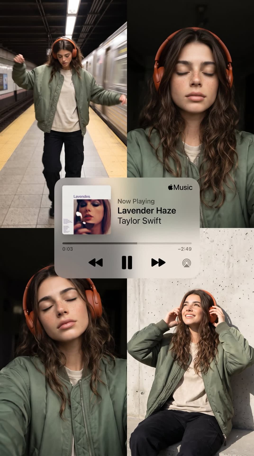 Collage lifestyle generado con IA de @I_Athenaai: tres fotos editoriales alrededor de un reproductor Apple Music flotante, paleta musgo, avena y naranja quemado