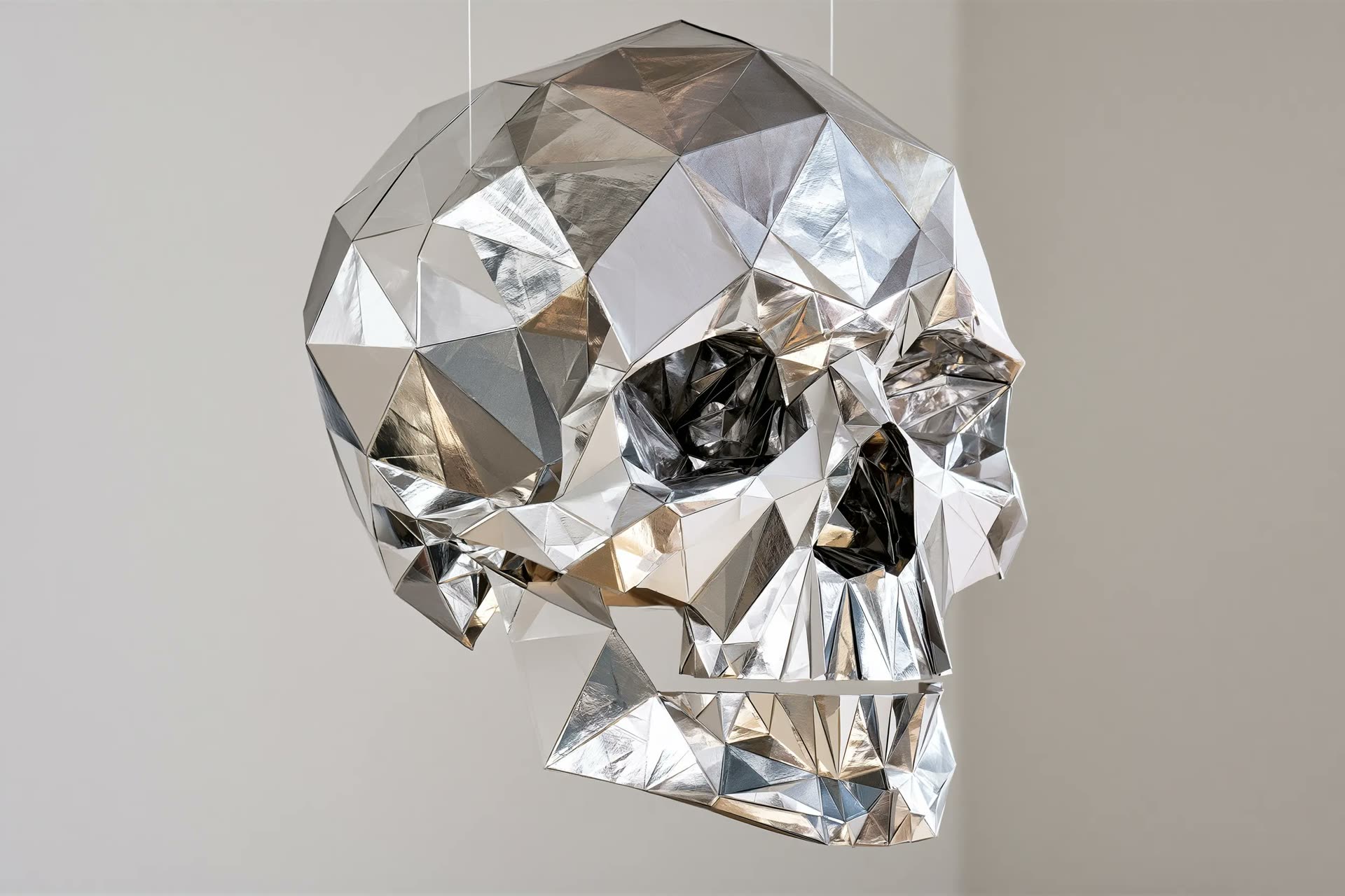 Escultura origami metálica de @azed_ai con geometría angular y reflejos plateados