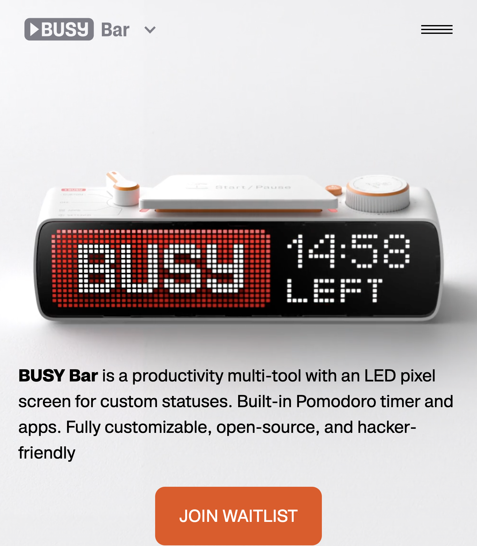 BUSY Bar con pantalla LED mostrando BUSY en rojo y temporizador 14:58 LEFT
