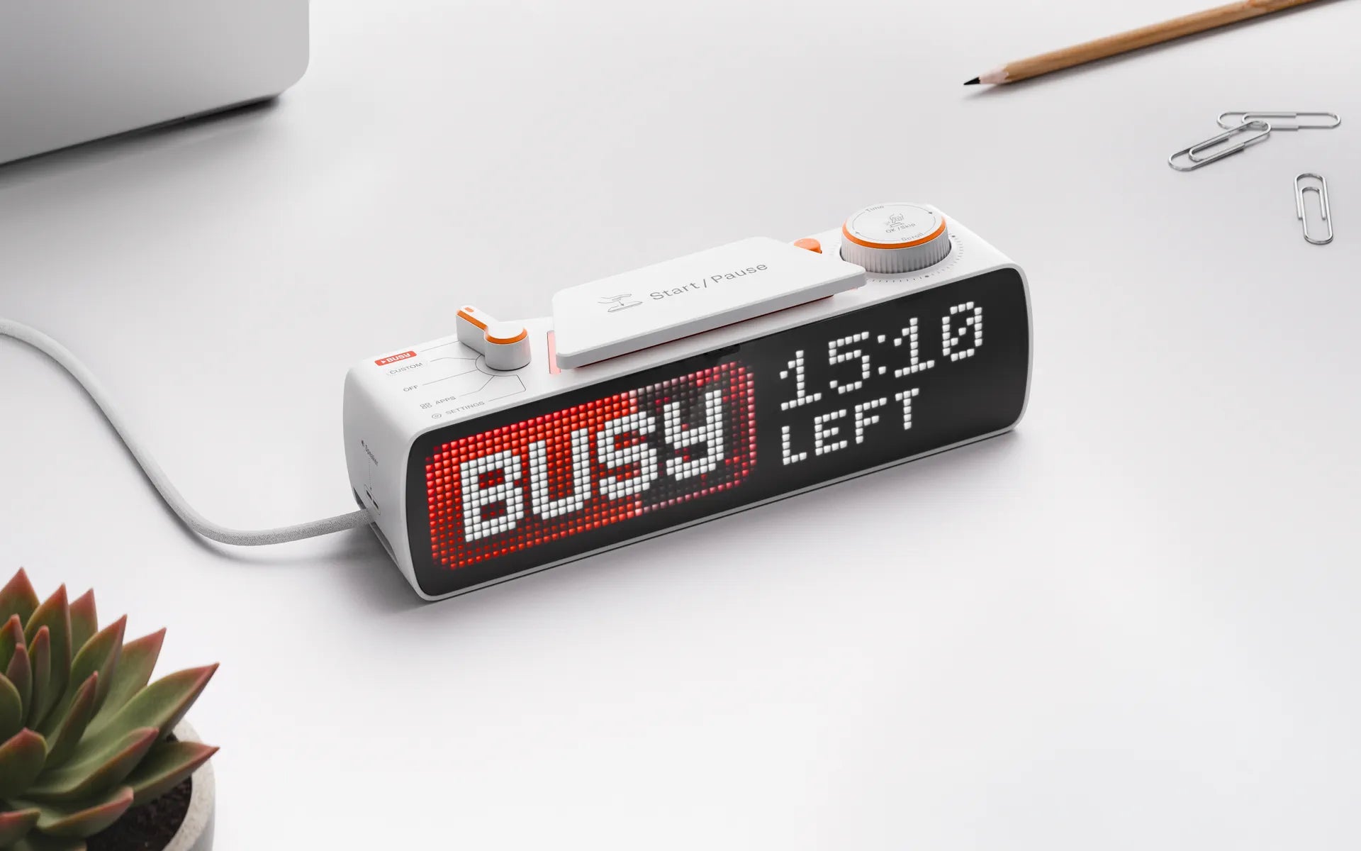 Render oficial de BUSY Bar blanco con pantalla LED, rueda de scroll y botón Start/Pause
