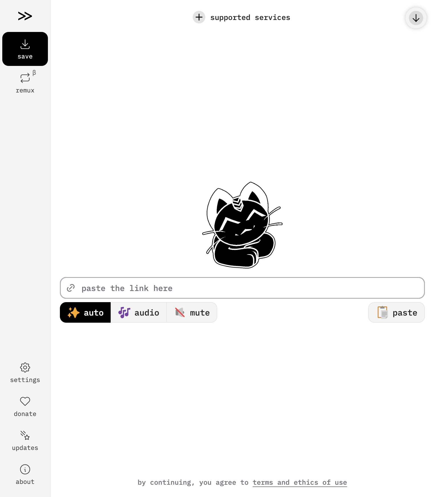 Interfaz de cobalt.tools con el gato meowbalt, campo para pegar enlaces y botones auto, audio y mute