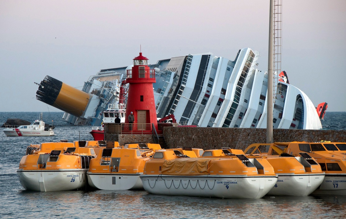The Costa Concordia cruise ship ran aground and listed next to the island of Giglio after hitting a reef on the night of January 13, 2012