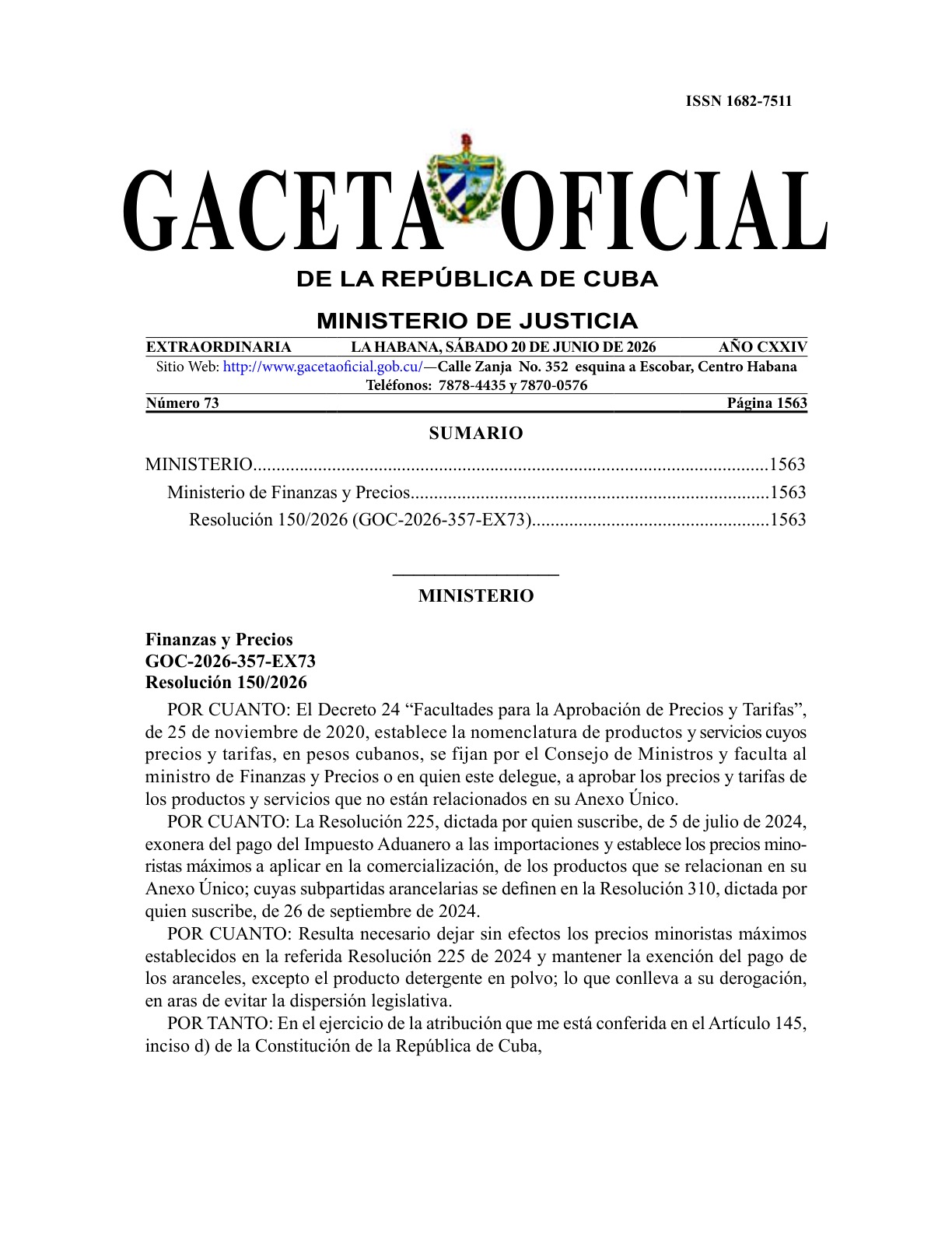 Portada de la Gaceta Oficial Extraordinaria No. 73 de Cuba con la Resolución 150/2026 del Ministerio de Finanzas y Precios