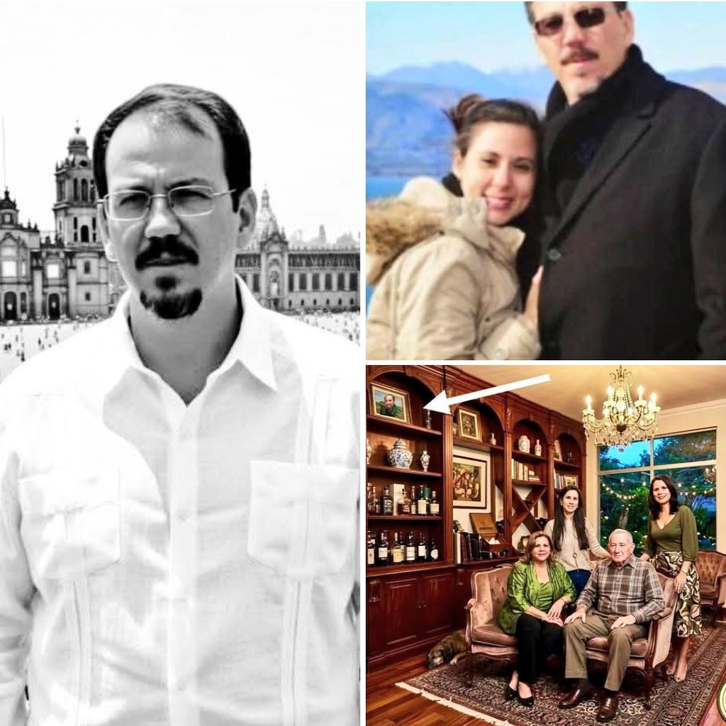 Collage con tres imágenes: retrato de Alejandro Castro Espín, pareja de Annalie Lilliam Rueda Cardero con él, y foto familiar con Raúl Castro en un salón con flecha señalando retrato de Alejandro
