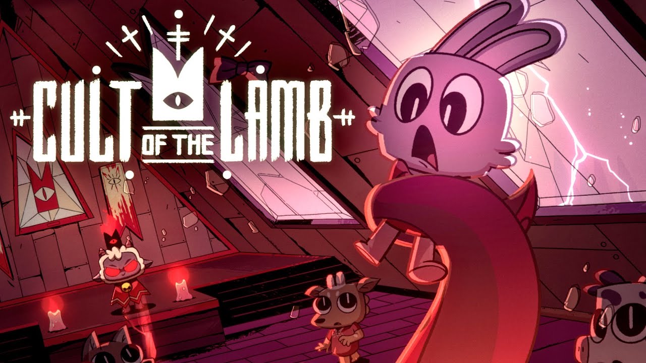 Cult of the Lamb: el cordero poseído y su séquito de seguidores ante un templo; arte promocional del roguelike de Massive Monster y Devolver Digital