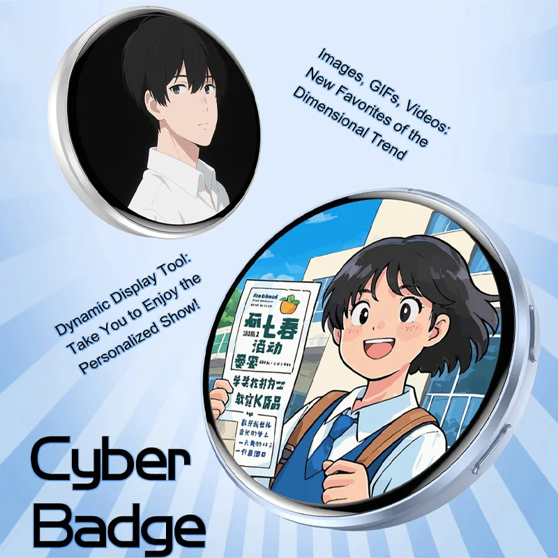 Cyber Badge — E-Badge con pantalla circular que muestra personajes anime