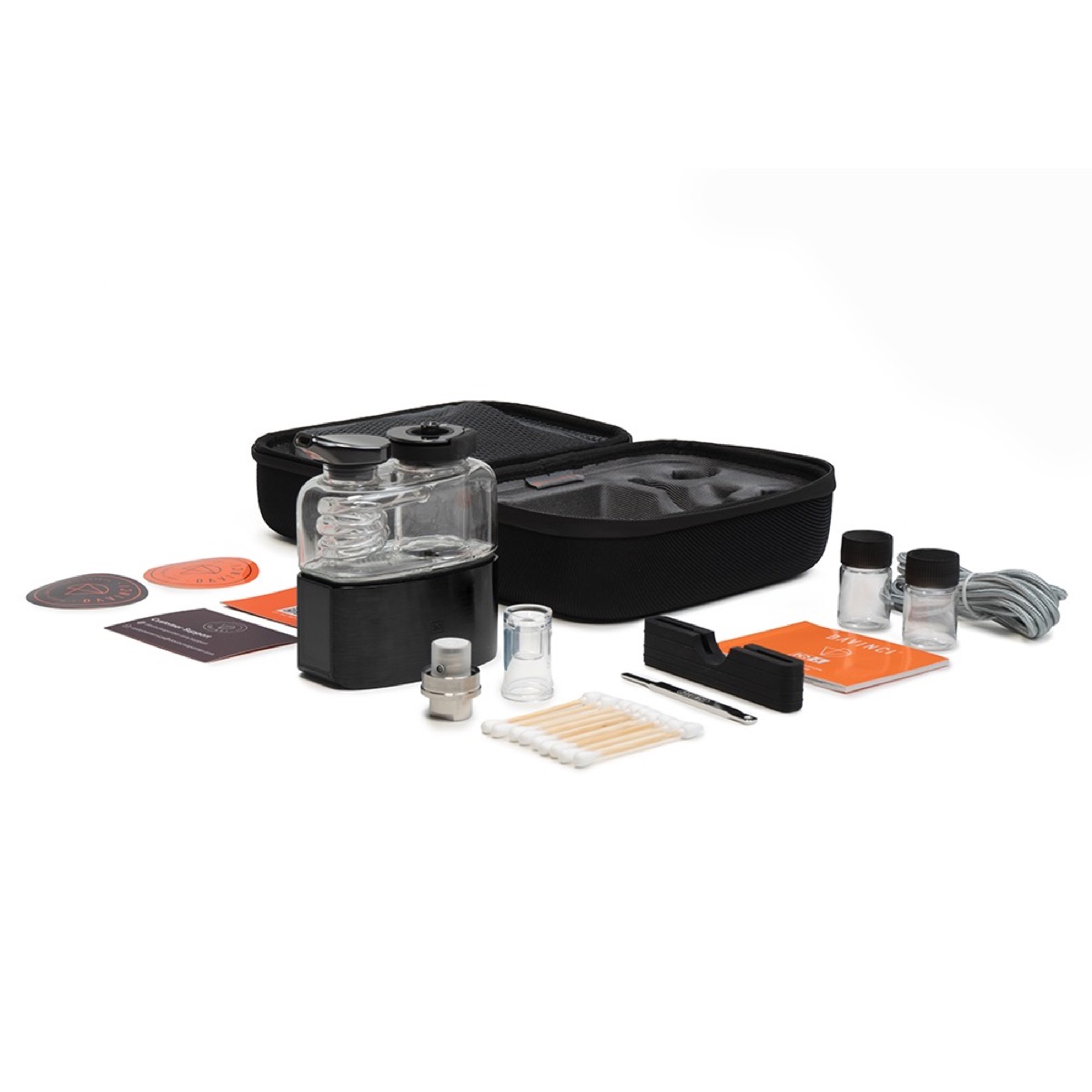Contenido de la caja del DaVinci EQ Jacuzzi Collection — base, crucible, bubbler, herramientas y estuche de viaje