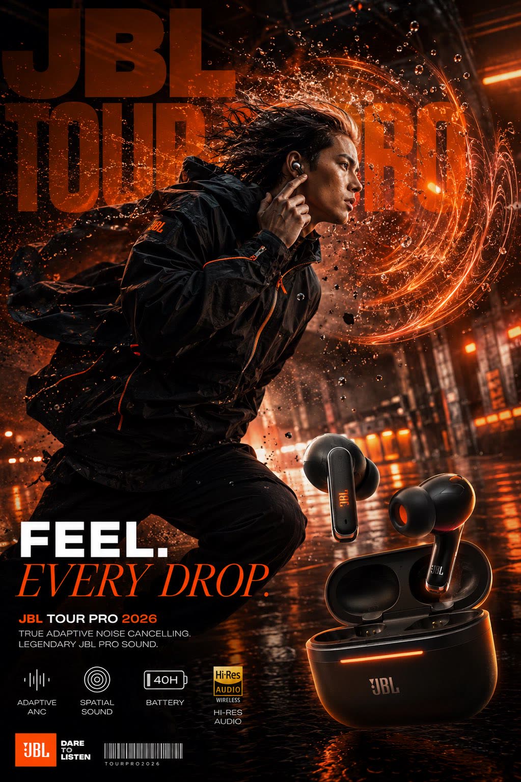 Póster publicitario GPT Image 2: campaña JBL Tour Pro con modelo, auriculares e iluminación naranja