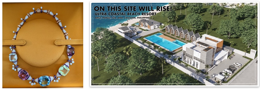 Collar Bulgari de 865.000 $ confiscado y render de un resort en Filipinas construido con 4,6 millones robados a Medicare, según el DOJ en la operación antifraude de 2026