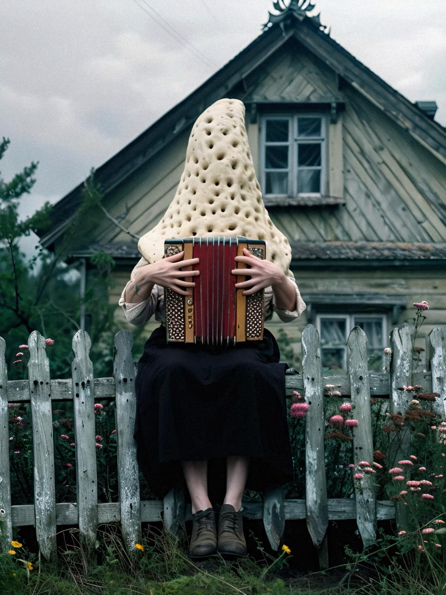 Bread and Bayan de Doopiidoo: figura con cabeza esponjosa y acordeón rojo frente a una casa de madera — obra del Daily Program Season 1