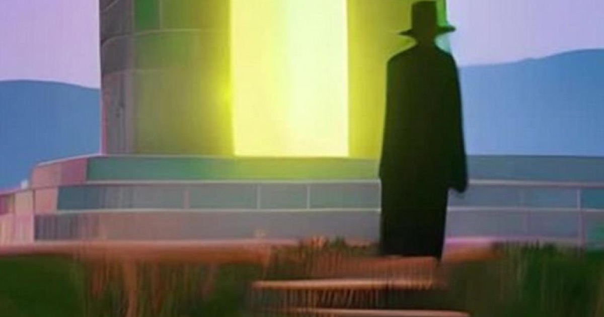 Obra de Doopiidoo: figura con sombrero frente a un monolito luminoso — estética onírica del artista de IA en daily.xyz