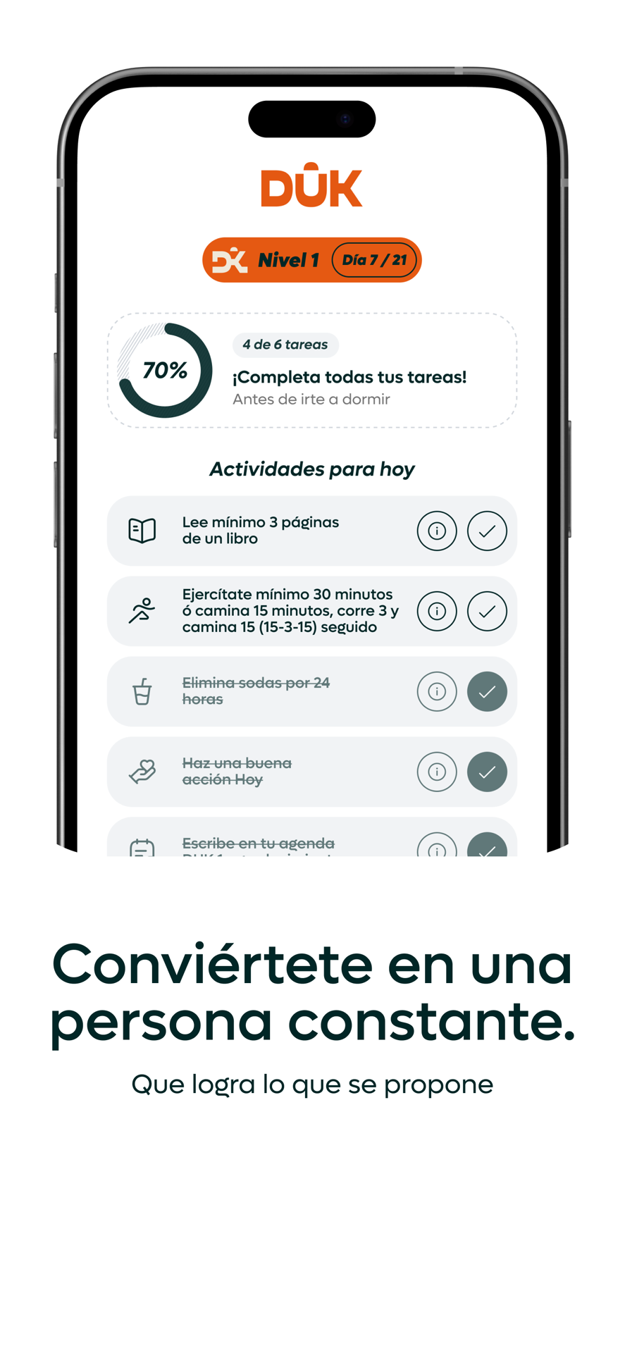 Pantalla de progreso diario en DUK App con retos marcados