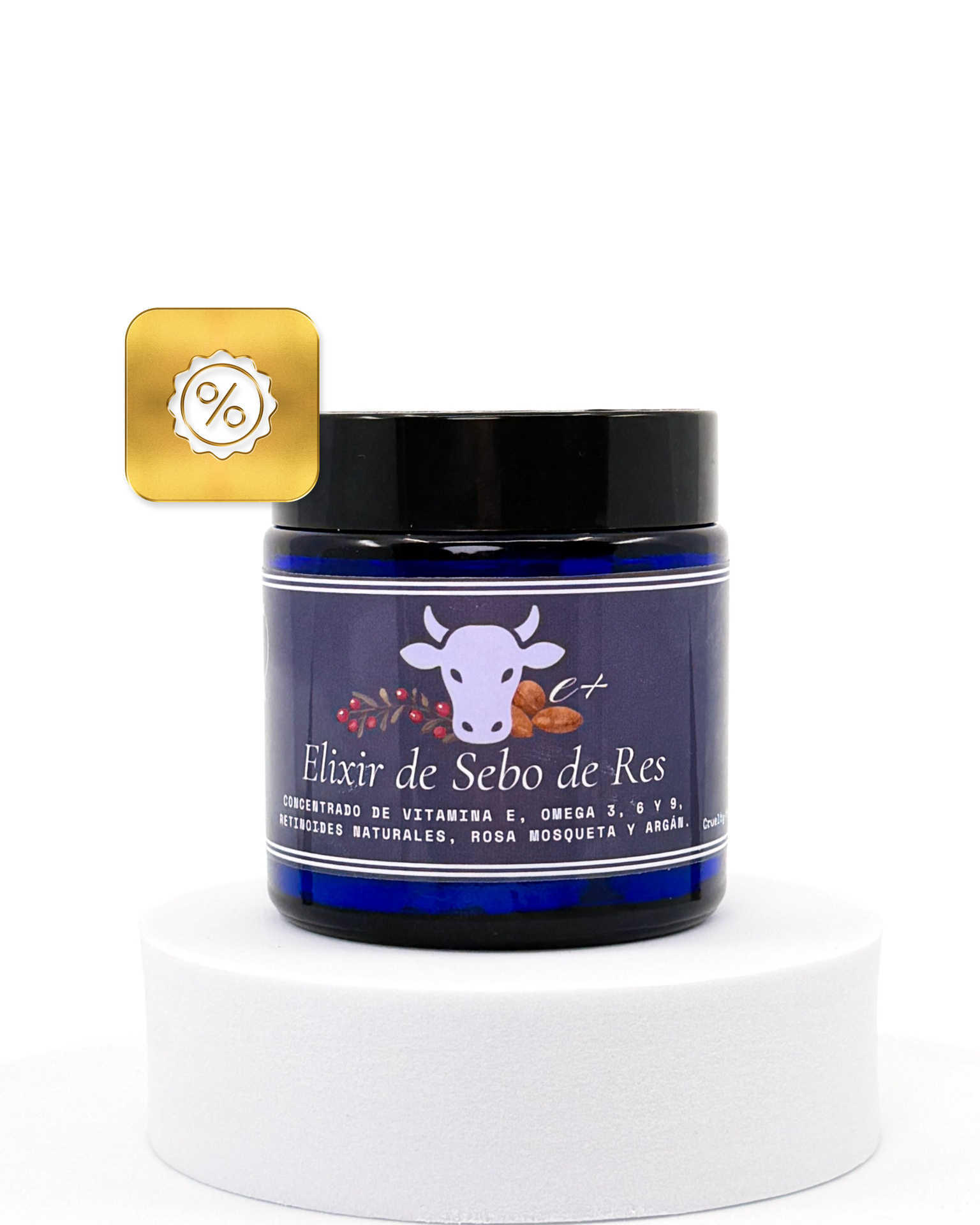 Elixir de Sebo de Res de Edgy Labs: frasco con vitamina E, rosa mosqueta y esencia de argán para rostro y cuerpo