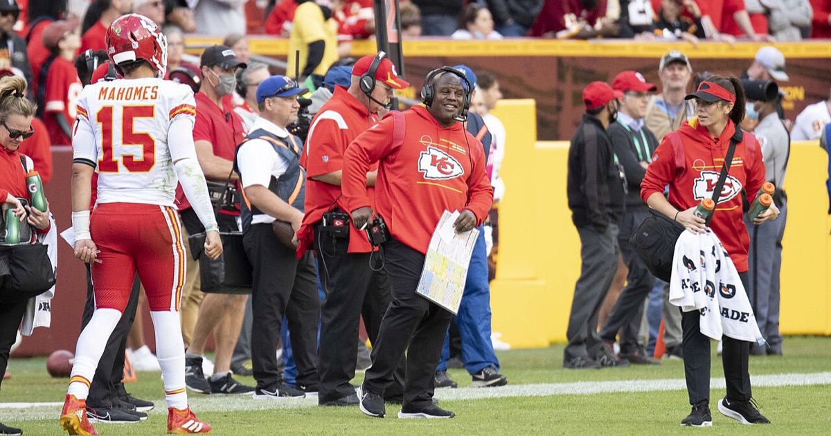 Eric Bieniemy, offensive coordinator of the Kansas City Chiefs, at an NFL game; his son Elijah was arrested after a shooting at the family home in Virginia
