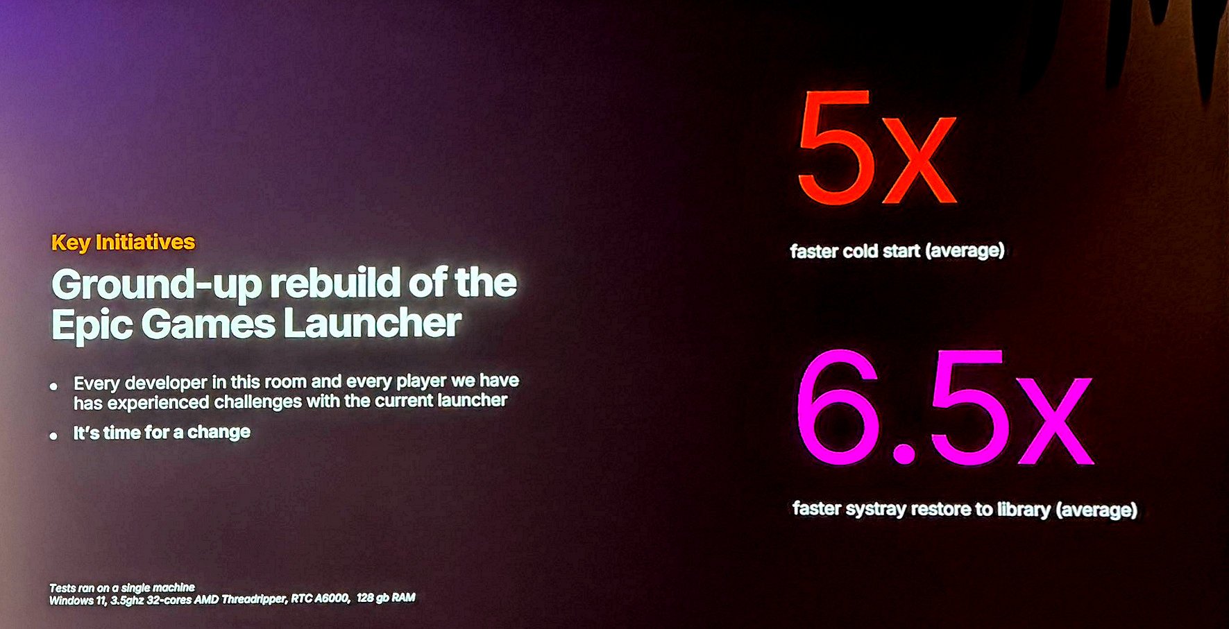 Diapositiva de Epic sobre el Launcher V2 reconstruido desde cero con arranque 5 veces más rápido