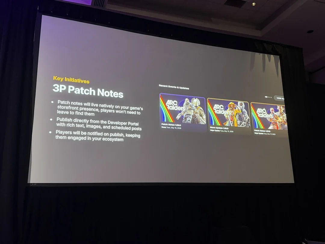 Diapositiva de Epic sobre patch notes de terceros integradas en la ficha del juego