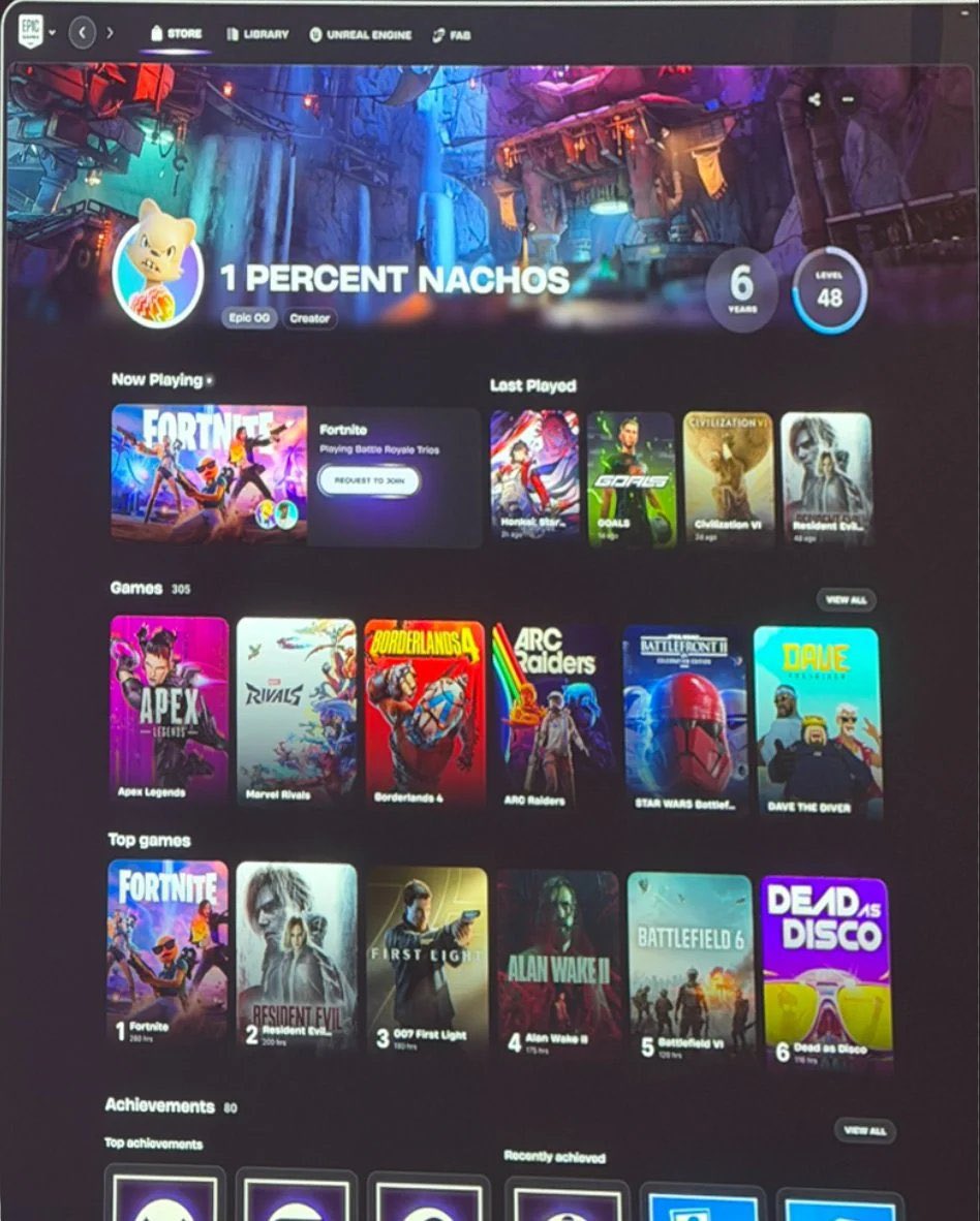 Mockup de perfil de jugador en Epic Games Store con avatar, nivel, logros y biblioteca