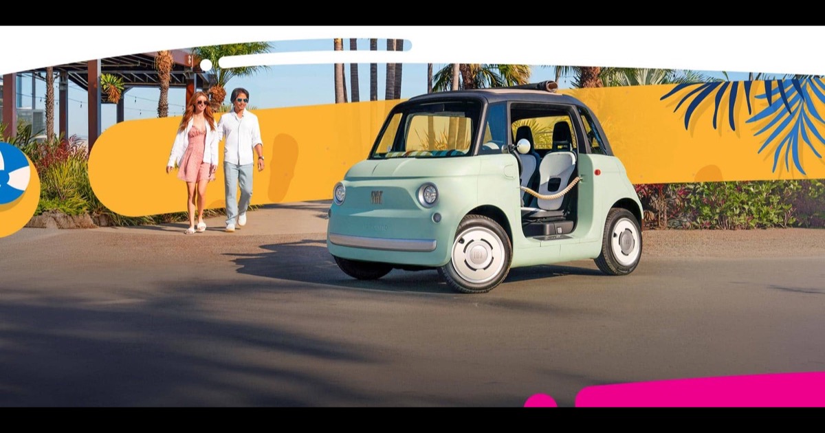 FIAT Topolino Dolce Vita 2026 en Verde Vita Mint: microcar eléctrico con cuerdas en las puertas y soft top enrollable