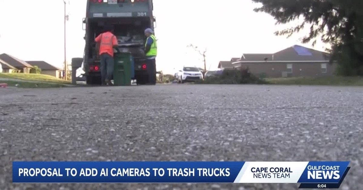 Camión de recogida de basura en un barrio residencial de Florida — contexto de la propuesta de cámaras con IA en rutas de saneamiento en Cape Coral