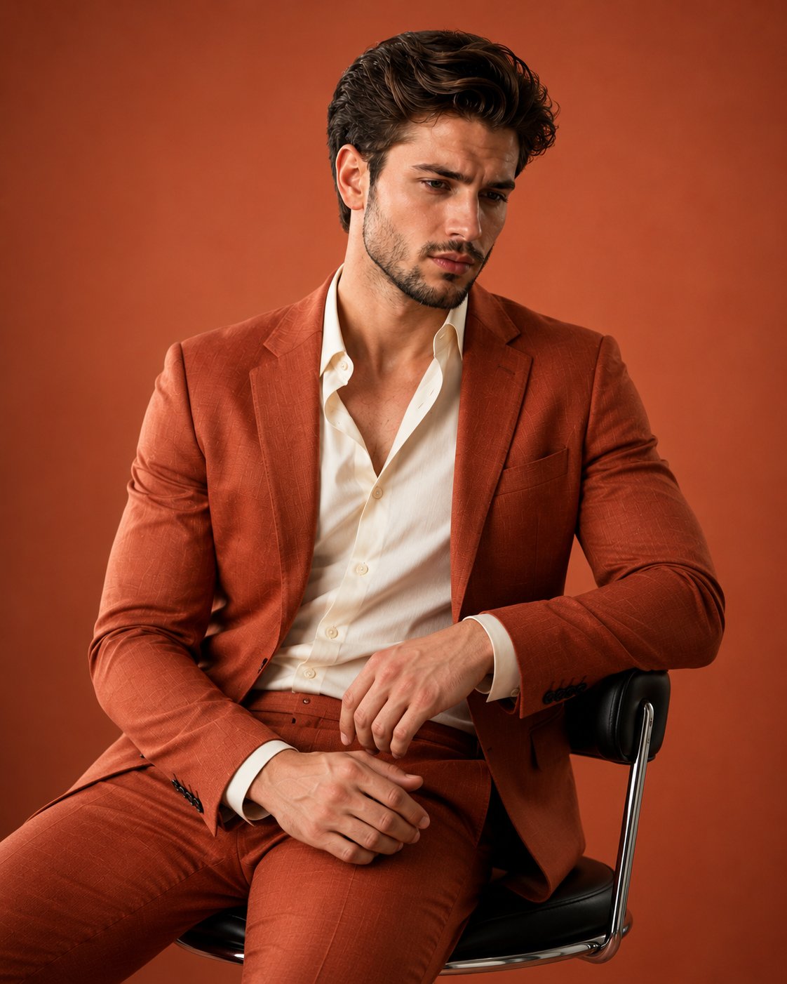 Ejemplo alternativo: pose pensativa con traje terracotta texturizado en estudio cálido
