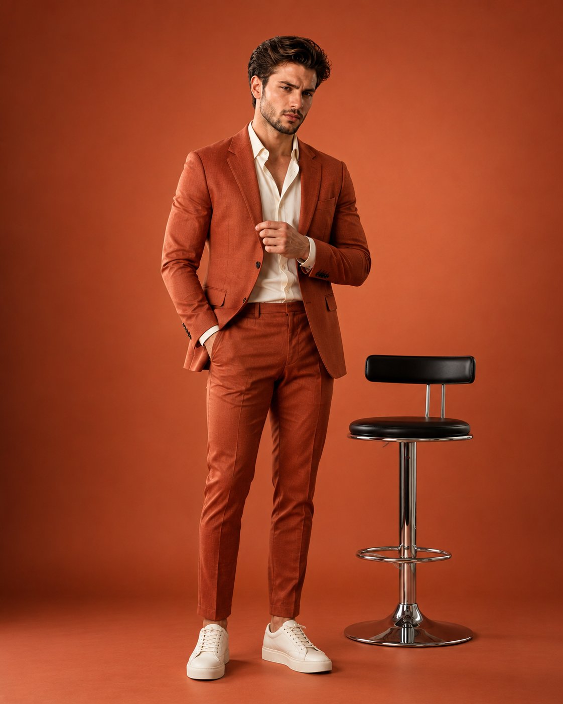 Ejemplo de pie: traje terracotta con taburete de estudio en fondo naranja quemado
