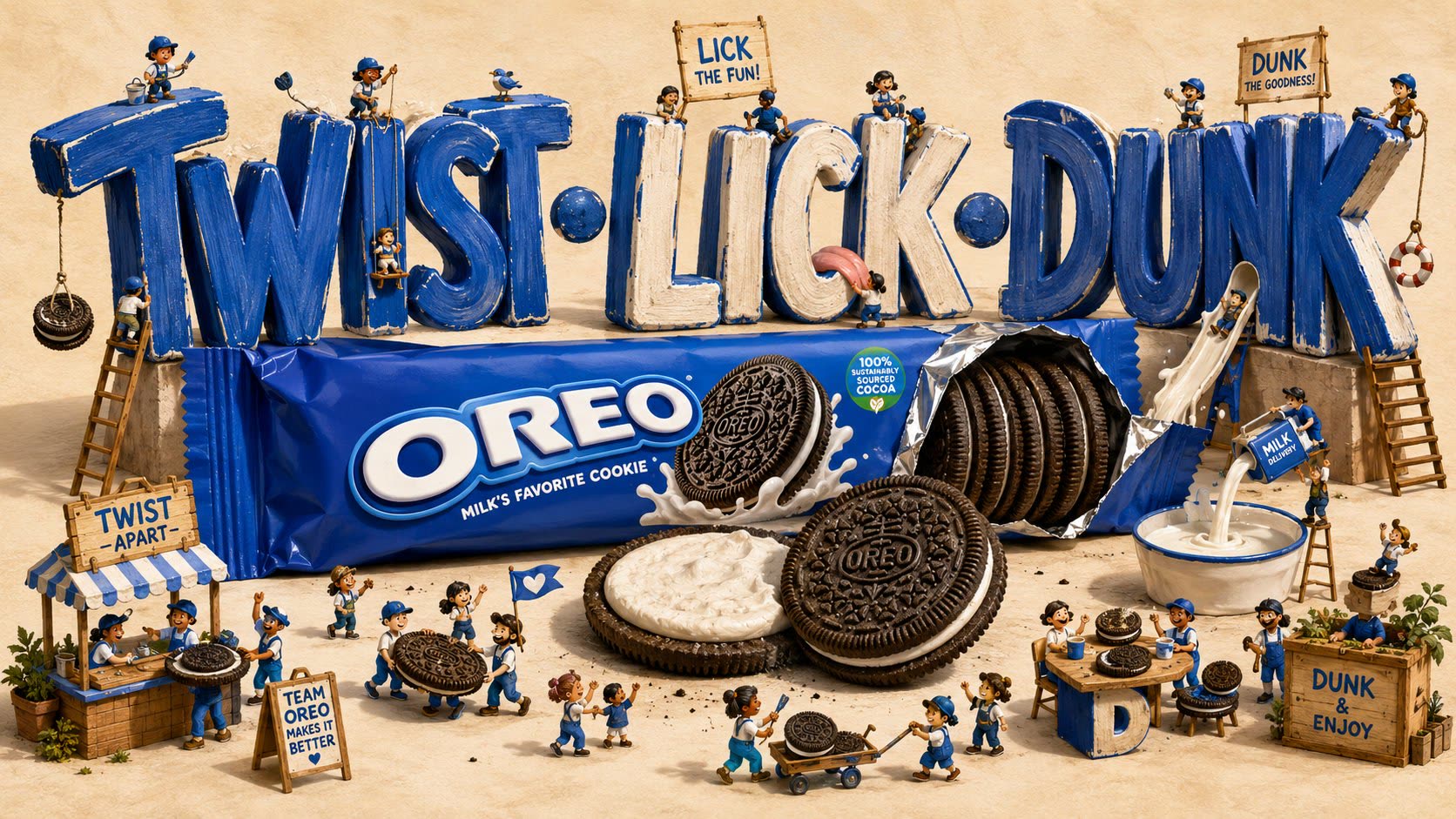 Campaña food con tipografía gigante 3D de @Gdgtify con personajes miniatura