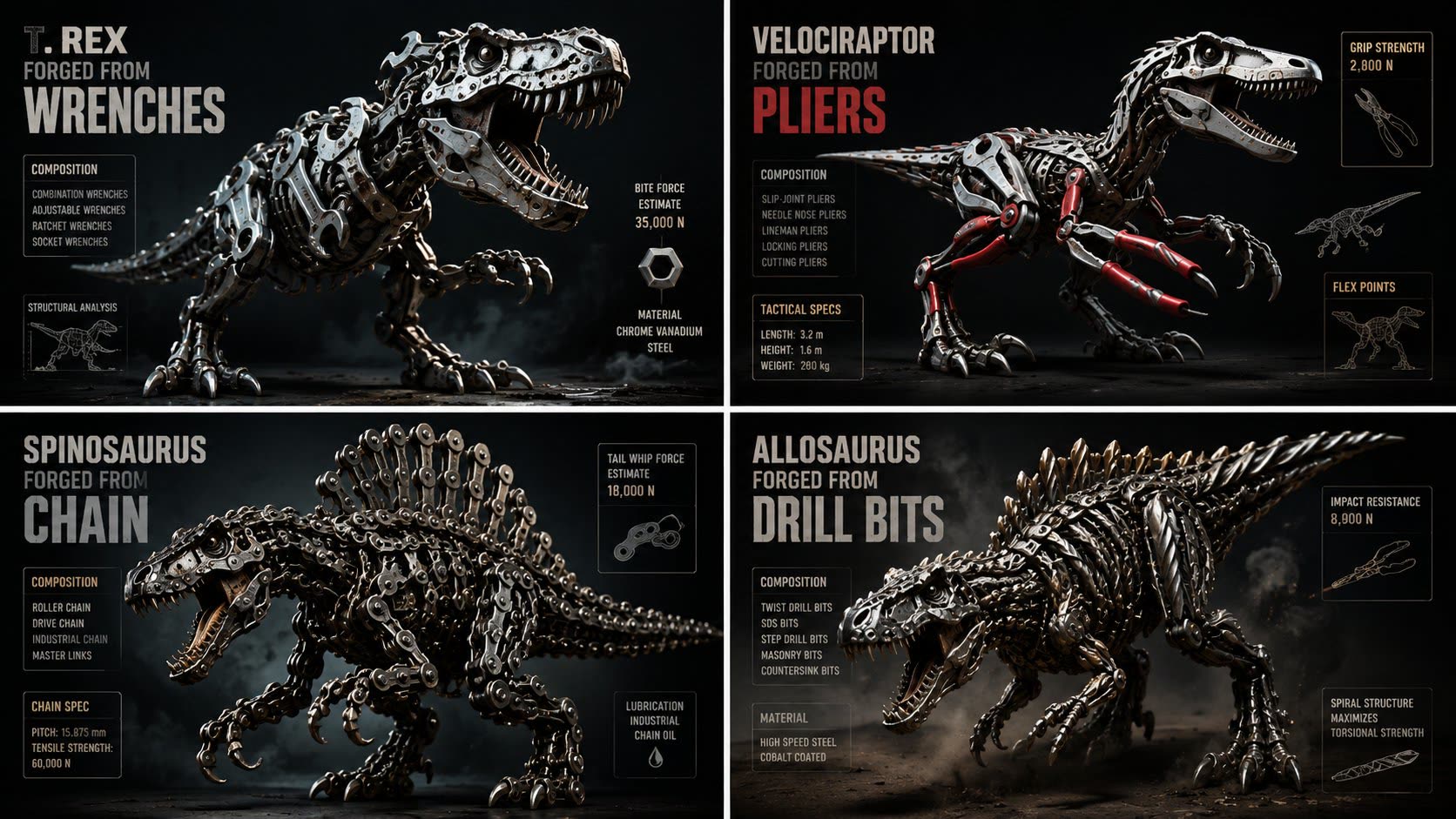 Herramientas convertidas en dinosaurios de acero por @Gdgtify