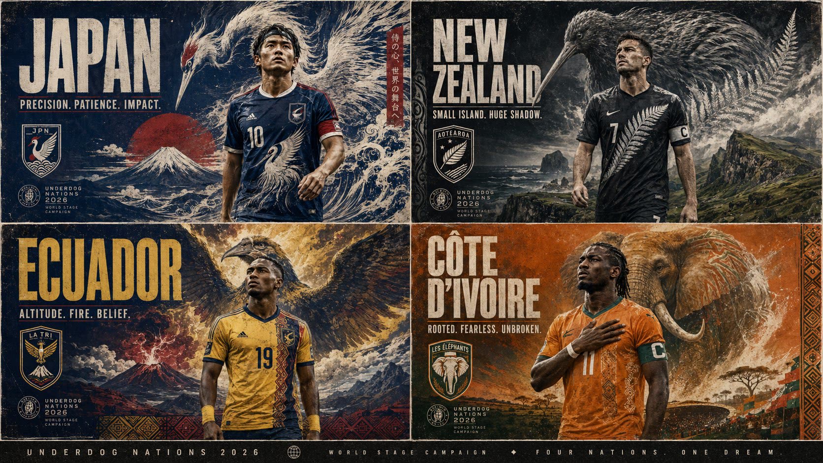 Grid 2×2 de pósters underdogs Mundial 2026 de @Gdgtify