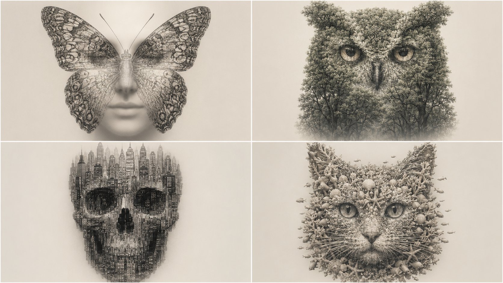 Rejilla 2×2 de imágenes híbridas GPT Image 2: mariposa y rostro de mujer, búho y bosque, calavera y ciudad, gato y arrecife submarino