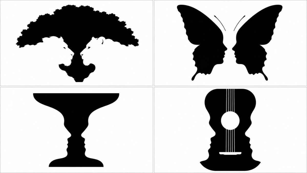 Rejilla 2×2 de ilusiones ópticas figura-fondo generadas con GPT Image 2: cuatro dobles lecturas en blanco y negro
