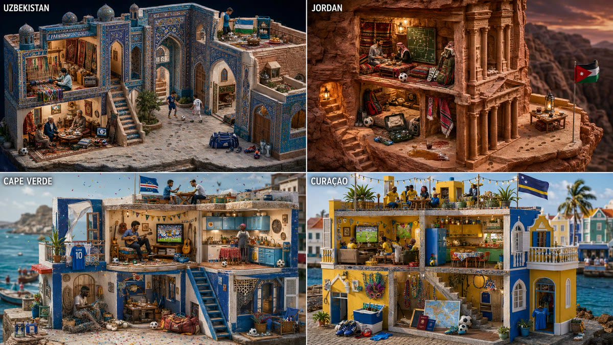 Rejilla 2×2 de dioramas cutaway generados con GPT Image 2: selecciones outsider del Mundial 2026 en miniaturas fotorrealistas