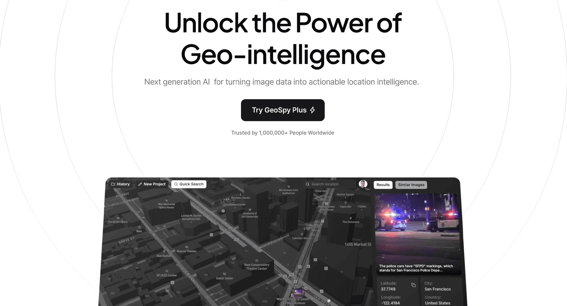 Interfaz de GeoSpy / Raven — plataforma de inteligencia visual con geoestimación por IA