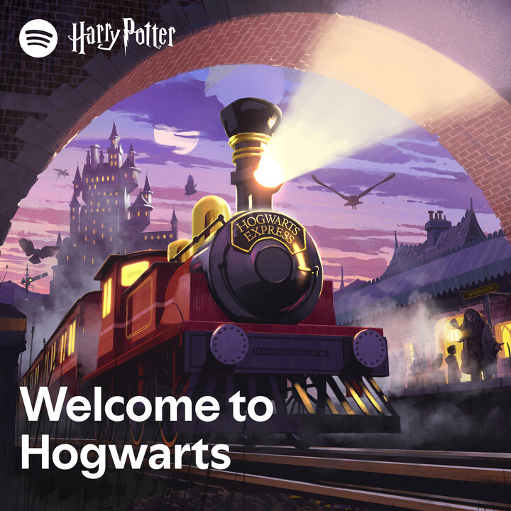 Arte promocional de Spotify con el texto Welcome to Hogwarts para el lanzamiento de los audiolibros de Harry Potter