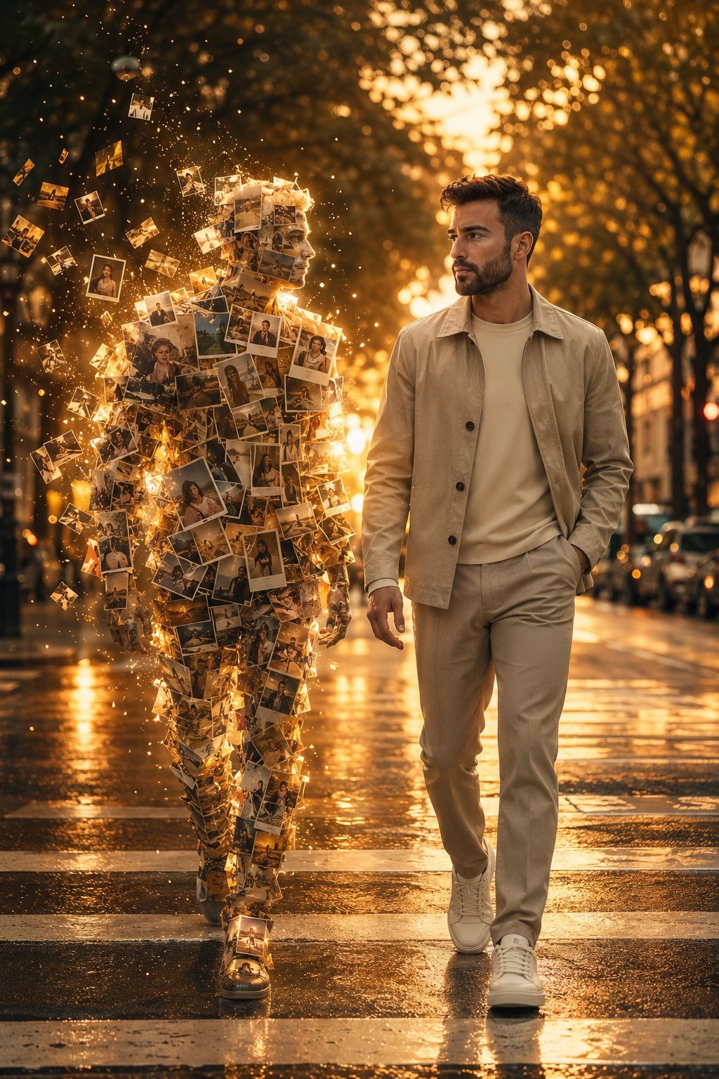 Resultado del prompt: retrato cinematográfico golden hour con figura de recuerdos caminando en paralelo
