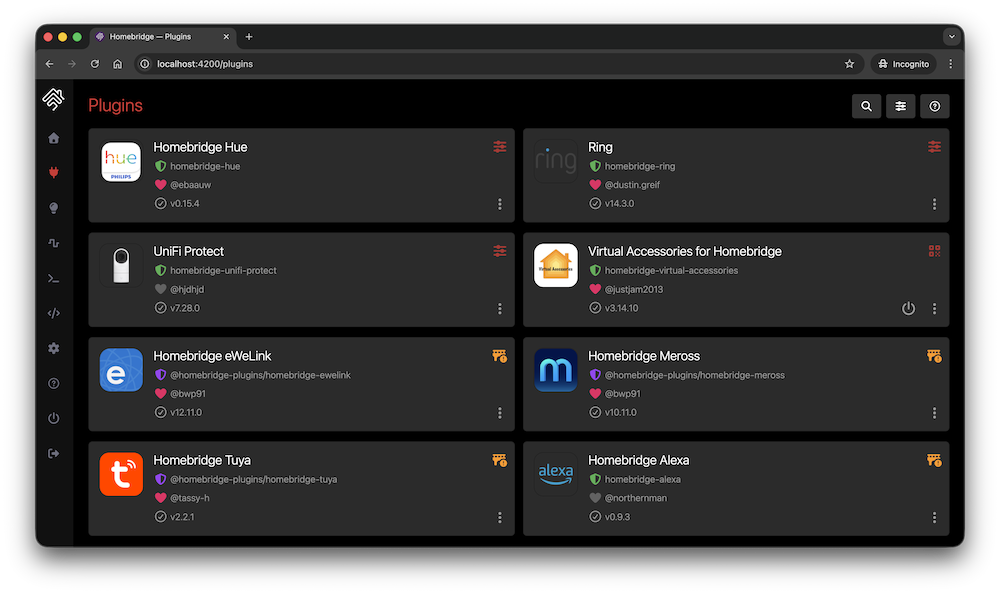 Pantalla de plugins de Homebridge UI en modo oscuro: buscador NPM, instalación de homebridge-ring y gestión de child bridges